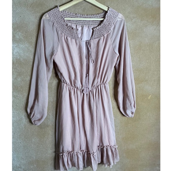 Dresses & Skirts - Light Pink Smocked Off Shoulder Ruffle Hem Dress Long Sleeve Boho Chic